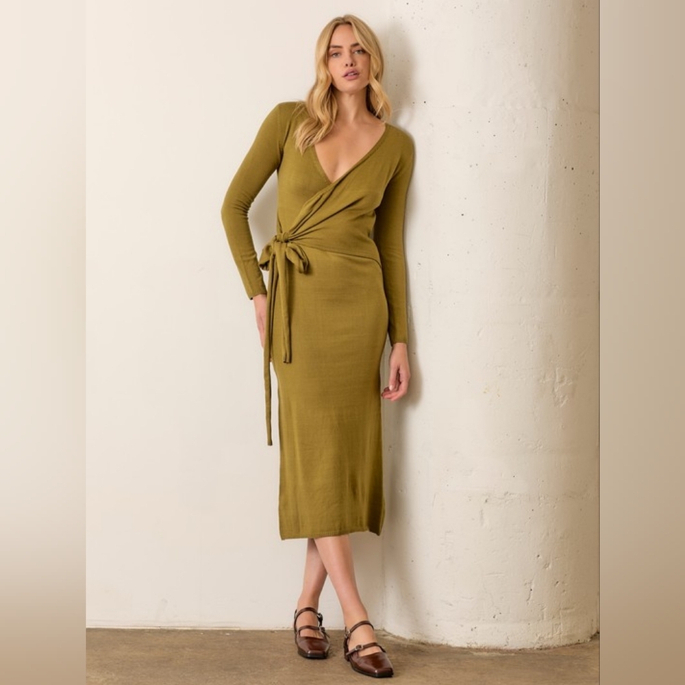Wrap Dress Maternity Friendly Olive Long Sleeve Midi Roolee